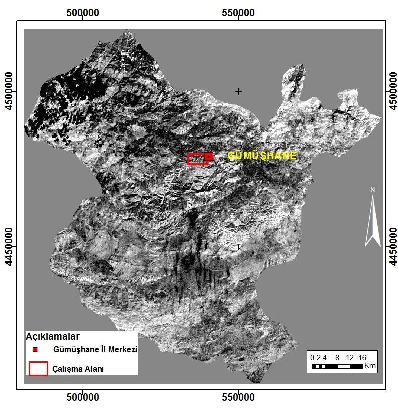 ekil-3 Crosta tekni inin Landsat 7 ETM+ dört bandl (1,3,4 ve 5) veri setine uygulanmas yla elde edilen demiroksit (PC4) görüntüsü.