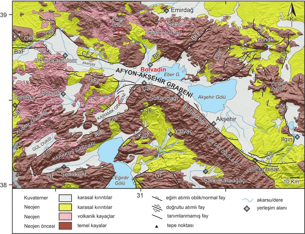 Bolvadin de (Afyon-Akşehir Grabeni, Afyon) Gözlenen Yüzey Deformasyonlarının Jeolojik Jeomorfolojik ve Jeodezik Analizi Şekil 2.Afyon-Akşehir Grabeni ve yakın çevresinin jeoloji haritası (Emre vd.