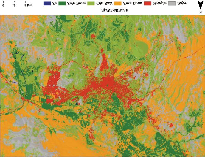 1987 yılında fotosentez üretimine bağlı olarak yakın infrared yansımalarına göre üretilmiş Cılız Bitki AK/AÖ sınıfı genel olarak şehirleşmiş alanın güneyinde Erciyes Dağı na doğru yükselen ve Hacılar
