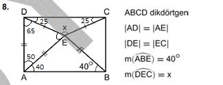 E'den B'ye bir köşegen çizersek; BCD'ye eş bir üçgen elde ederiz. ABE üçgeni Bu üçgenlerde 108 nin karşısındaki kenarlar eşit olacaktır. DE EC olduğundan AE BE dir. Buna göre; m(bae) 40 dir.