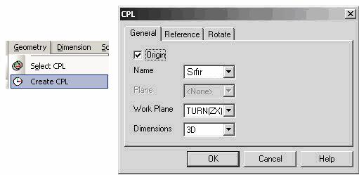 1.3.1. Tornalama İçin CPL Yaratma Geometry menüsünün Create CPL ( yeni referans noktası oluşturma ) altında komutu çalıştırılarak, yeni bir referans (parça sıfır) noktası yaratılabilir. Şekil 1.