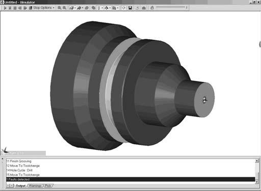 Simulate Machining kısmı yeni bir ekran olarak karşımıza gelir. Bu ortamda oluşturulan kesici yolar ile birlikte kullanılan kesiciyi, takım tutucuyu ve fikstürleri görebilmekte.