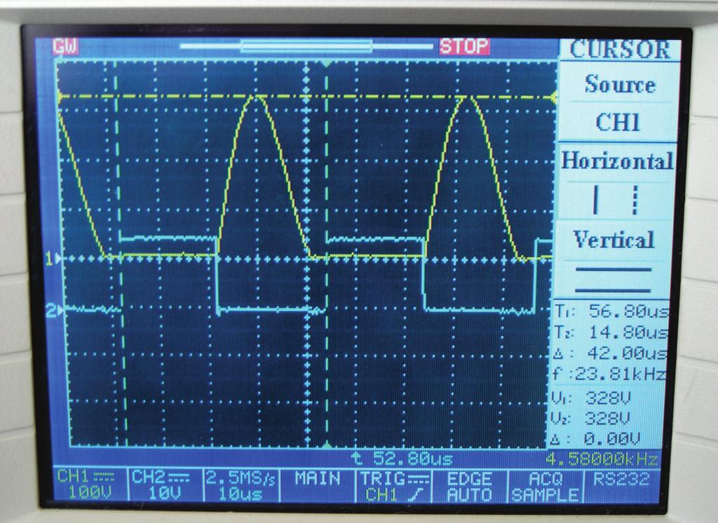 53 Şekil 7.4 İki kondansatör bağlı olduğu durumdaki kondansatör gerilimi ve sürme sinyali (CH1: 100V/div, CH2: 10V/div, 10µs/div) Şekil 7.