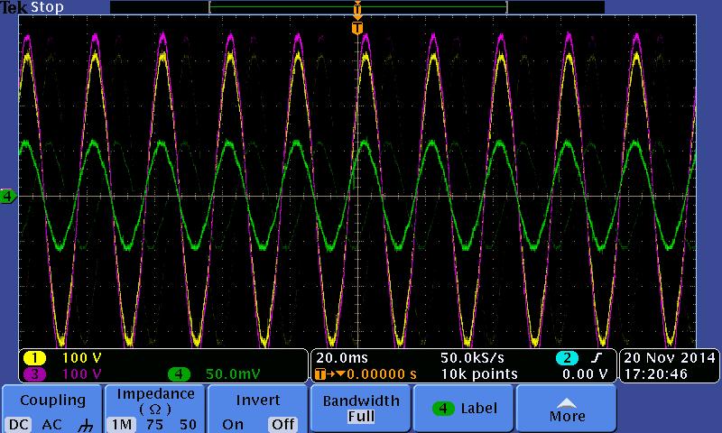durumu için test sonucu paylaşılmıştır. Grafikte sarı sinyal çıkış gerilimini, mor sinyal giriş gerilimini ve yeşil sinyal de giriş akımını göstermektedir.