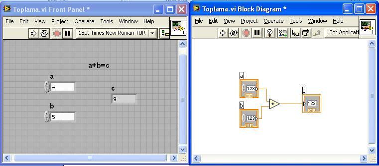 gelecektir. Bunlar Front Panel ve Block Diagram ekranlarıdır.