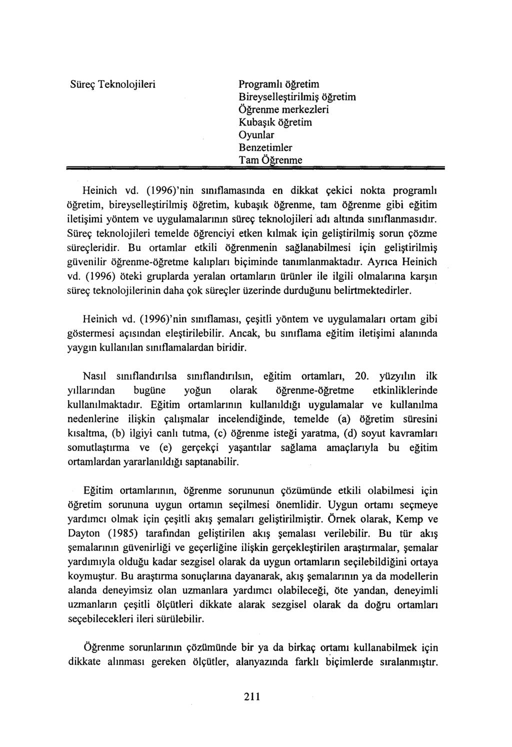 Süreç Teknolojileri Programlı öğretim Bireyselleştirilmiş öğretim Öğrenme merkezleri Kubaşık öğretim Oyunlar Benzetimler TamÖğrenme Heinich vd.