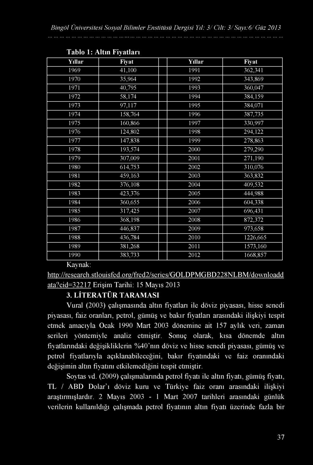 Bingöl Üniversitesi Sosyal Bilimler Enstitüsü Dergisi Yıl: 3/ Cilt: 3/ Sayı:6/ Güz 2013 Tablo 1: Altın Fiyatları Y ıllar Fiyat Y ıllar Fiyat 1969 41,100 1991 362,341 1970 35,964 1992 343,869 1971