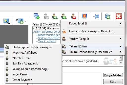 Oturum Paylaşımı Oturum Araçlarında Paylaş düğmesine tıklayarak bir destek teknisyenini bir oturuma katılmaya davet edin. Varsayılan olarak, sadece ait olduğunuz takımlar listelenir.