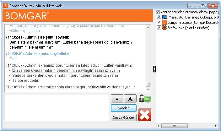 Uygulama Paylaşma Sınırlı ekran paylaşımı talep ettiğinizde, müşteri istemcisi sohbet penceresinin önünde bir seçim penceresi