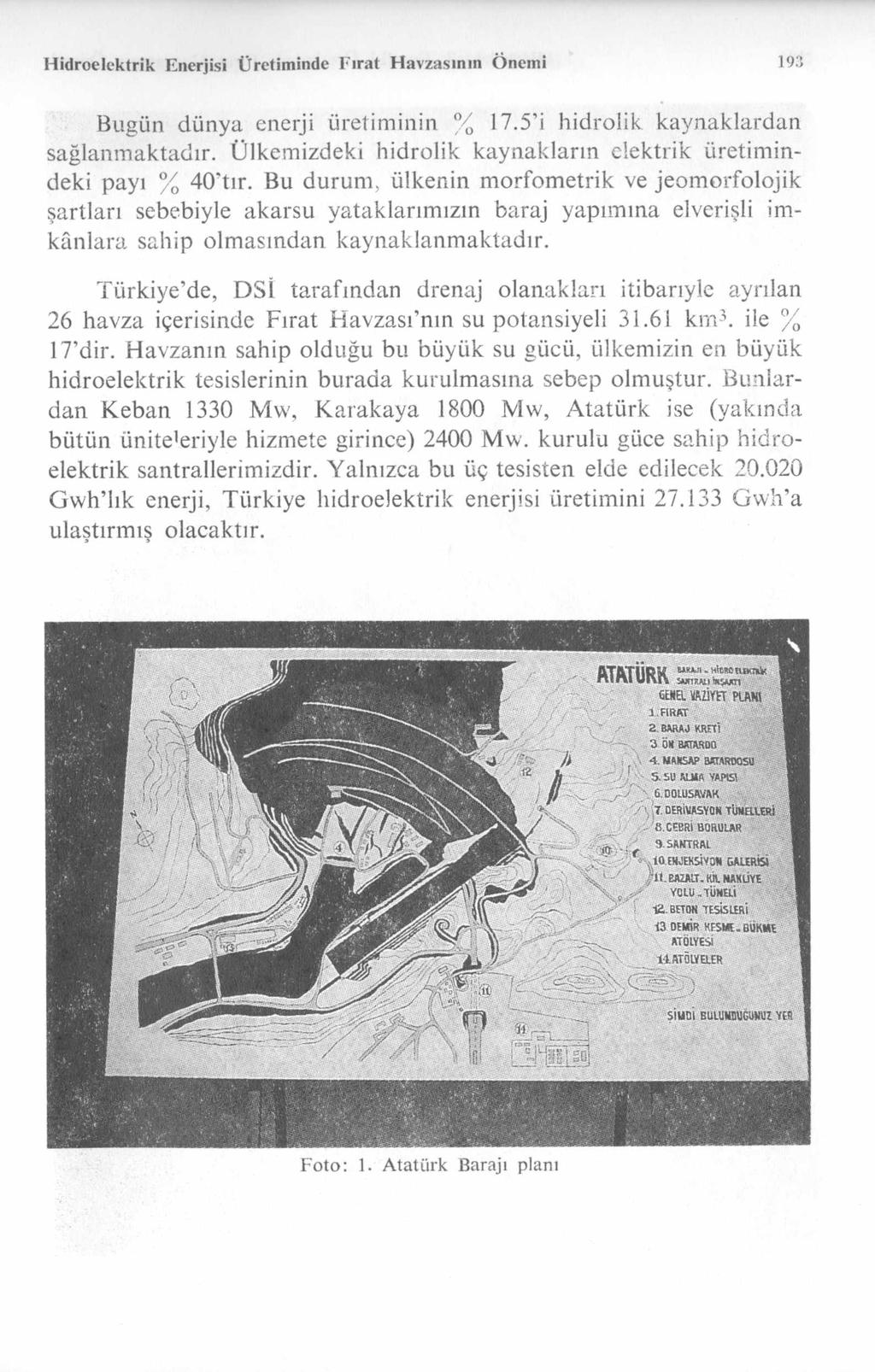 H idroelektrik Enerjisi Üretiminde Fırat Havzasının Önemi 193 Bugün dünya enerji üretiminin % 17.5 i hidrolik kaynaklardan sağlanm aktadır.