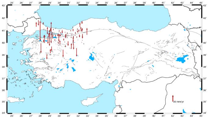 Türkiye Ulusal Temel GPS Ağı Güncel Koordinat ve Hızlarının Hesaplanması Kriging yöntemi kullanılarak, V N, V E ve V U bileşenleri 5-45 boylamları ve 34-43 enlemleri arasında kalan bölgede, 0.05 x 0.