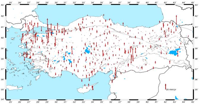 Daha sonra da ITRF005 sisteminde kullanılarak V N, V E ve V U hız bileşenleri grid veriden yararlanarak kestirilmiştir.