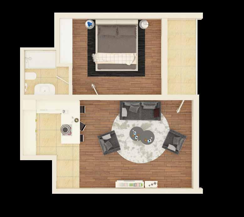 Plus 1+1 Daireler (Balkonlu) Salon + Mutfak Yatak Odası