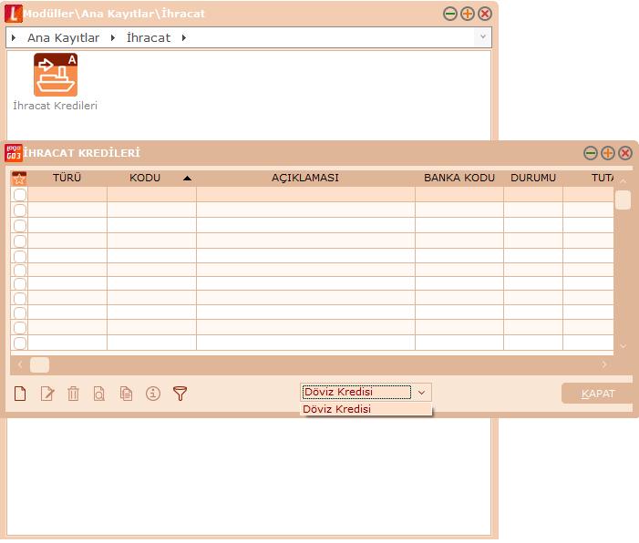 Ana Kayıtlar/İhracat modülü altına İhracat Kredileri seçeneği