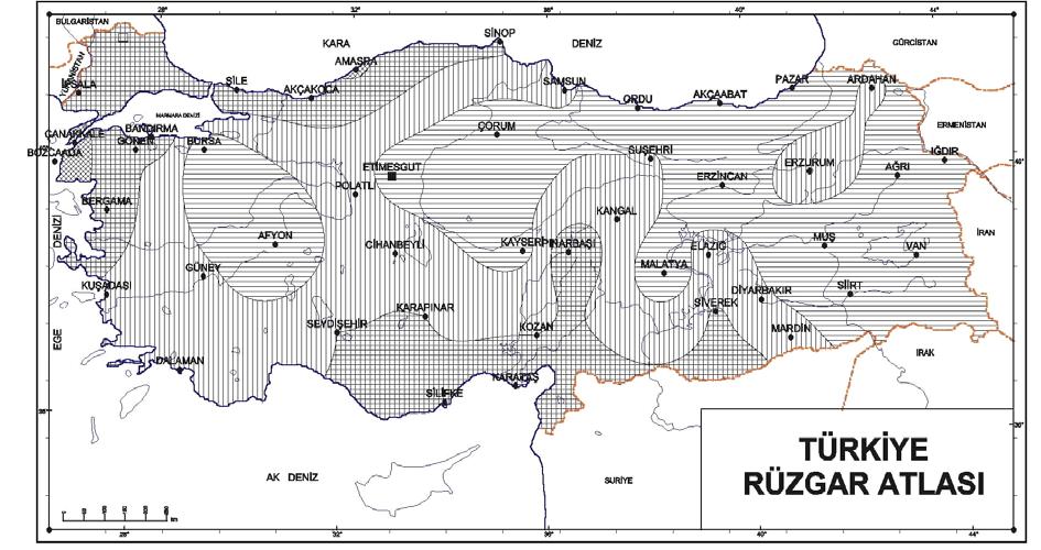 Beş farklı topoğrafik durum için yer seviyesinden 5 m yükseklikteki rüzgar potansiyelleri 1 Kapalı Araziler 2 Açık Araziler 3 Kıyılar 4 Açık Deniz 5 Tepe ve Bayırlar 6 ms -1 Wm -2 ms -1 Wm -2 ms -1