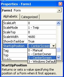 Şekil3.9. Formunuzun ekranının ortasında görünmesi için formun StartupPosition özelliğini 2 Center Screen olarak yapılandırınız.