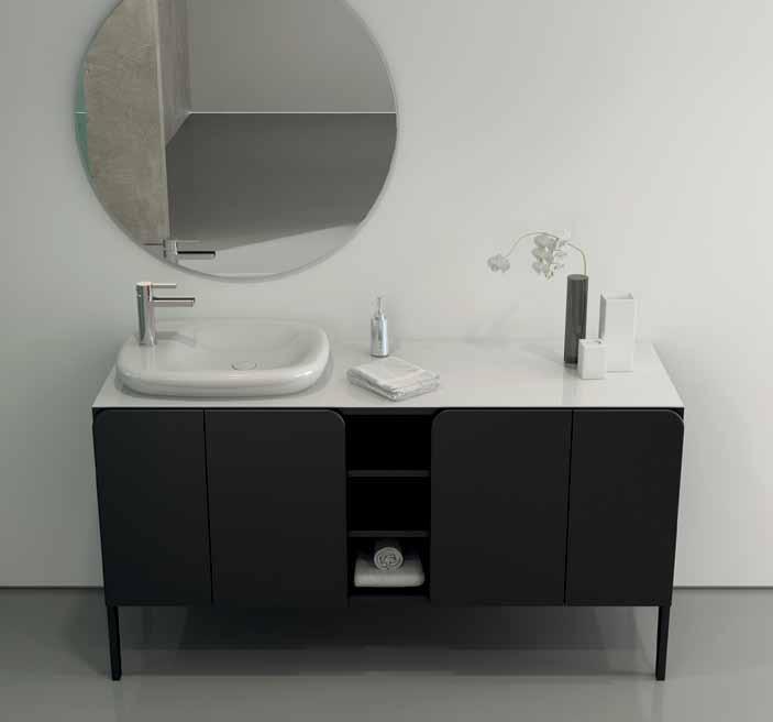 nero/bianco (piano in vetro bianco) 1164 - Lavabo da appoggio 7900 2004 - Specchio rotondo 70cm 7017 0507 1164 - Banyo mobilyası 145 cm, Sol, dört kapaklı, siyah (Beyaz cam tezgah) 1164 - Çanak