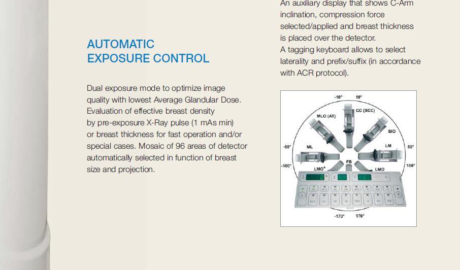 kalitesine yönelik çift maruz bırakma modu. Hızlı operasyon ve/veya özel vakalar için ön-maruz bırakma X-ışını atımıyla (1mAs dak.) etkin göğüs yoğunluğunu veya göğüs kalınlığının değerlendirilmesi.