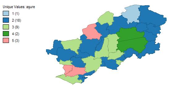 Analiz bulgularına göre aşure yapımında kullanılan malzeme ve miktarları bakımından birbirinden farklı beş küme bulunmuştur.