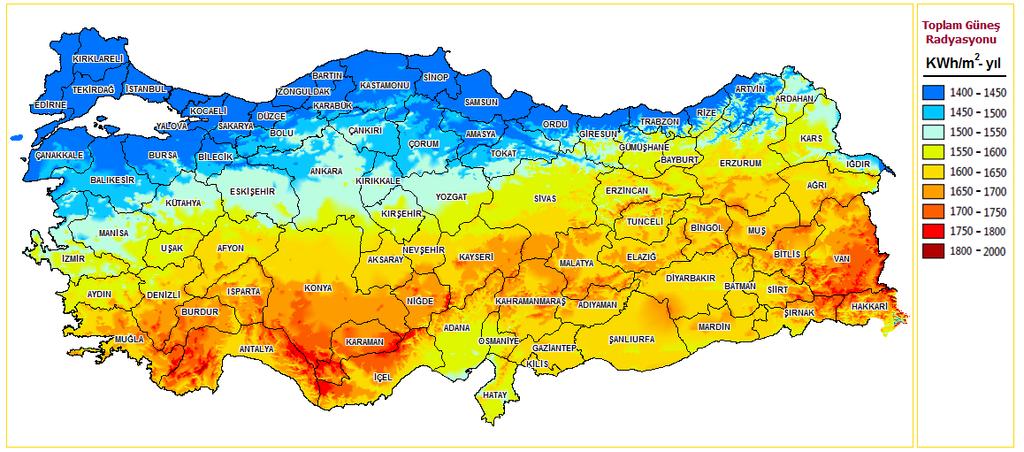 Enerji ve Tabii Kaynaklar Bakanlığı Elektrik ĠĢleri Etüt Ġdaresi nin yapmıģ olduğu GüneĢ Enerjisi Potansiyel Atlası (GEPA) çalıģması sonucunda Türkiye de 56,000 MW termik santral kapasitesine eģdeğer