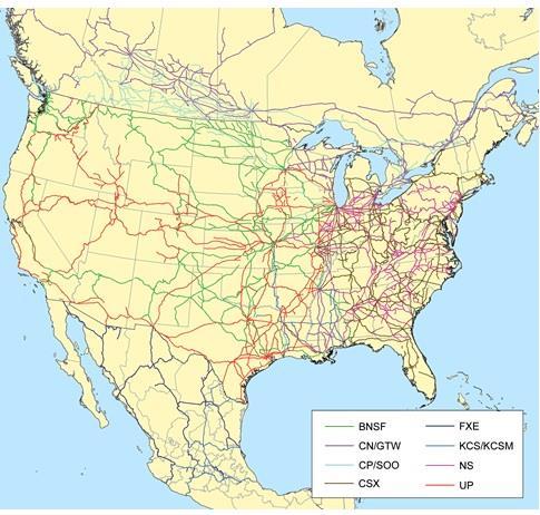 2.2.1 ABD Şekil 2.2 Amerikan Ulusal Demiryolu Ağı [7] Amerika da Demiryolu Ulaşımının büyük bir kısmı yük taşımacılığından oluşmaktadır.