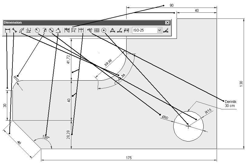 baseline dimension= ortak başlangıç noktasından farklı noktaları boyutlandırma 9. continue dimension= birbiri ardına devam eden noktaları boyutlandırma 10. quick leader= yardımcı not çizgisi çizme 11.