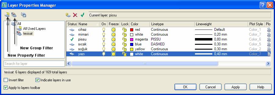 Özellik filtreleme(new Property Fitler): Bu düğmeye tıklayınca açılan iletişim kutusundan, önce yeni bir isim verilir sonra layer özellikleri belirlenir. Status: LAYER'ın durumunu gösterir.