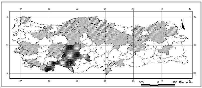 221 EK-3 (Devam). Araştırmada elde edilen taksonların Türkiye yayılışları Ek 3.