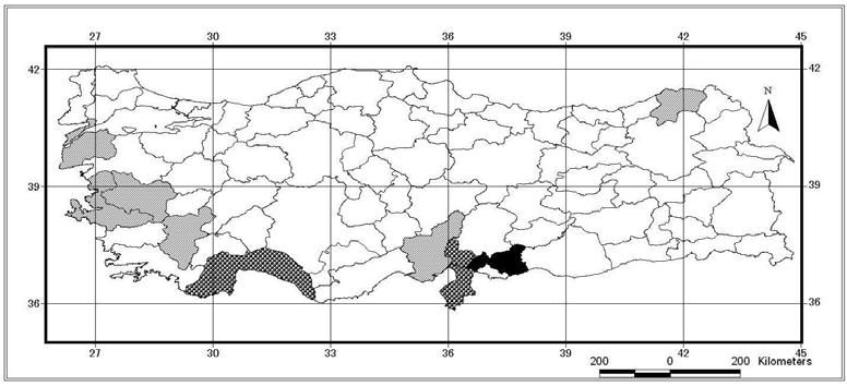 232 EK-3 (Devam). Araştırmada elde edilen taksonların Türkiye yayılışları Ek 3.