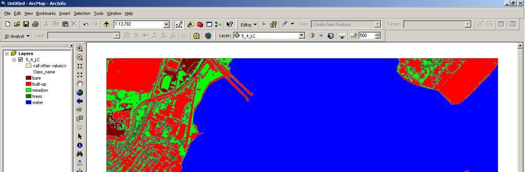 Şekil 6.26 da kesilmiş görüntülerden 5_4 görüntüsünün sınıflandırma sonucu oluşan.shp dosyası ArcGIS ortamında görülmektedir. Şekil 6.