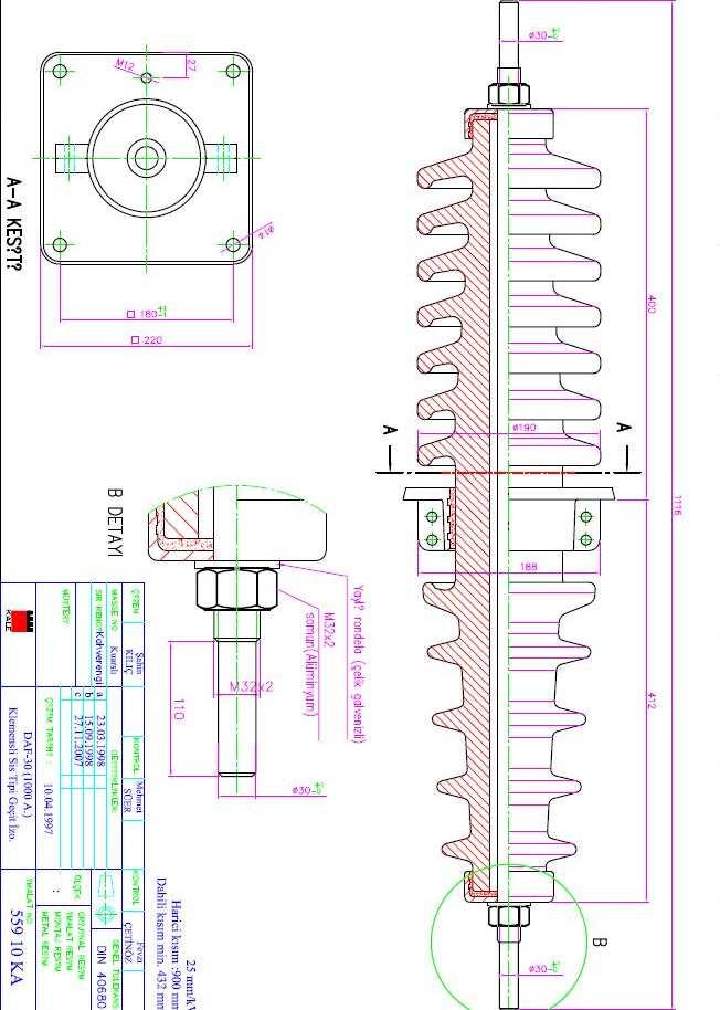 Şekil 2.2 de teknik resmi verilen 1000 A'lik geçit izolatörlerde porselenle tij arasında 4 mm hava boşluğu vardır. 16 mm yarıçaplı alüminyum tij in boyu 1123 mm dir.