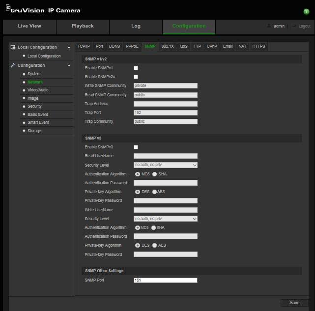 SNMP parametrelerini tanımlamak için: 1. Configuration (Yapılandırma) > Network (Ağ) > SNMP öğesine tıklayın. 2. İlgili SNMP sürümünü seçin: v1, v2c, v3 veya Diğer Ayarlar. 3.