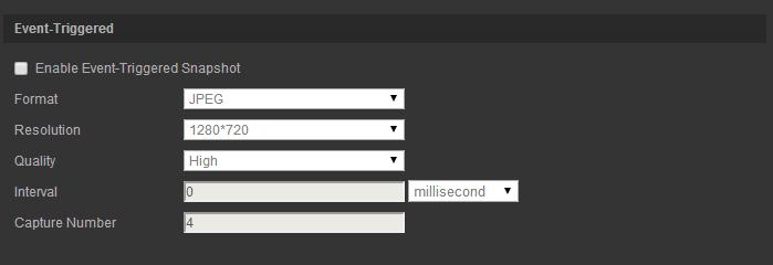 Olayla tetiklenen anlık fotoğrafları ayarlamak için: 1. Configuration (Yapılandırma) > Storage (Depolama) > Snapshot (Anlık Görüntü) öğesine tıklayın. 2.