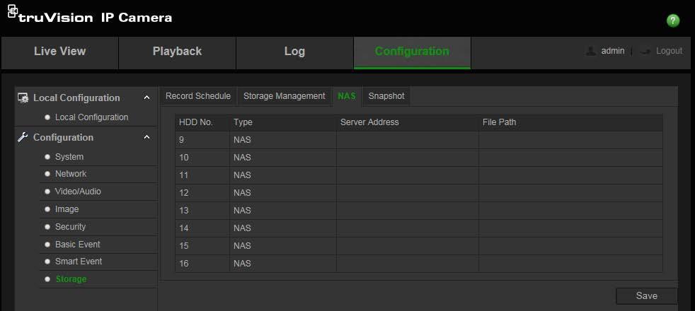 Şekil 14: NAS menüsü Bir NAS sistemini ayarlamak için: 1. Configuration (Yapılandırma) > Storage (Depolama) > NAS ögesine tıklayın. 2. Ağ diskinin IP adresini ve NAS dosyası yolunu girin. 3.