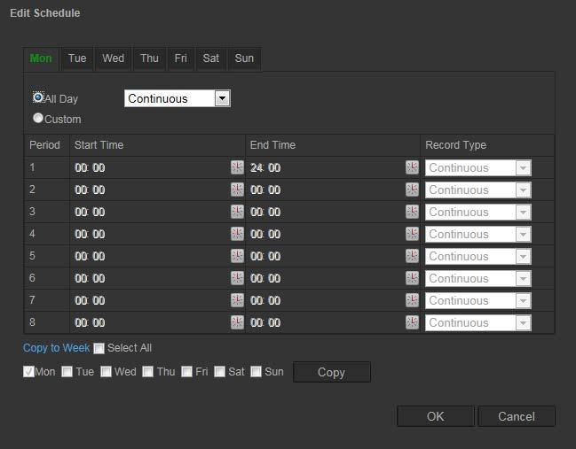 4. Kaydın tüm hafta için mi olacağını (Customize (Tüm Gün) kayıt) veya haftanın belirli günleri için mi (Kaydı özelleştir) olacağını seçin.