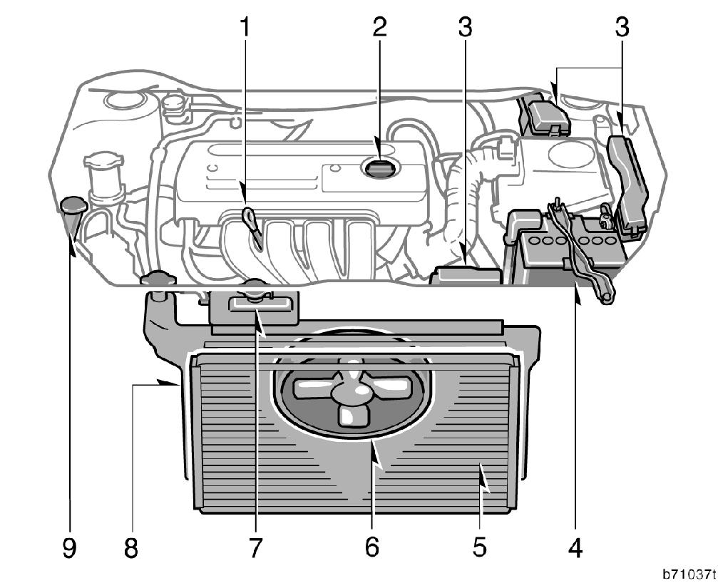 Motor kompartýmanýna genel bakýþ Benzinli motor 1. Mo tor yaðý seviyesi ölçme çubuðu 2. Mo tor yaðý doldurma kapaðý 3.