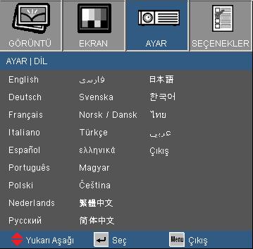 AYAR Kullanıcı Kontrolleri AYAR DİL Dil Çok dilli OSD menüsünü seçin.