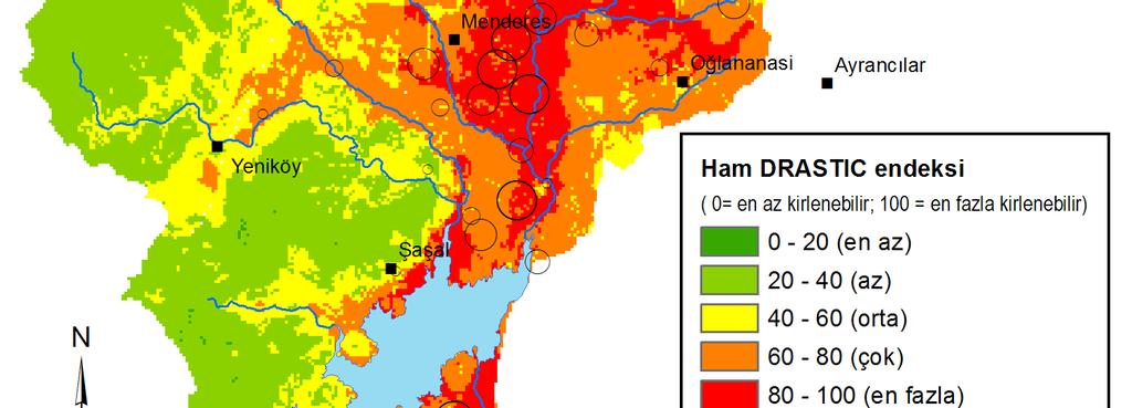 Yeni ağırlık katsayılar ile endeks haritası oluşturma işlemi tekrarlanarak optimize edilmiş yeraltı suyu kirlenebilirlik haritası elde edilmiştir.