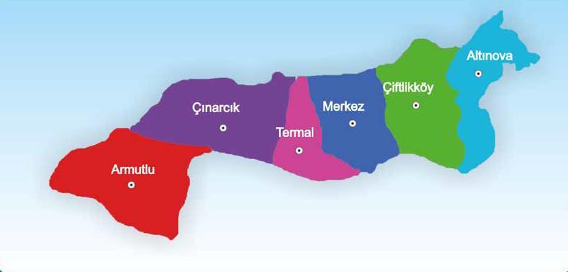 YALOVA NIN İDARİ YAPISI Yalova da merkez ilçe dahil 6 ilçe, 15 belediye ve 43 köy