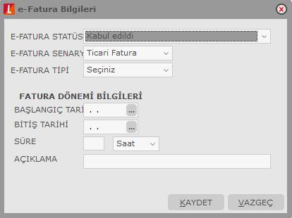 e-fatura Bilgileri e-fatura bilgileri, fatura üzerinde F9-sağ fare tuşu menüsündeki e-fatura Bilgileri seçeneği ile girilir.
