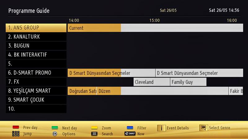 Electronic Programme Guide (EPG) Some, but not all channels send information about the current and next programmes. Press the GUIDE button to view the EPG menu. Up/Down/Left/Right: Navigate EPG.