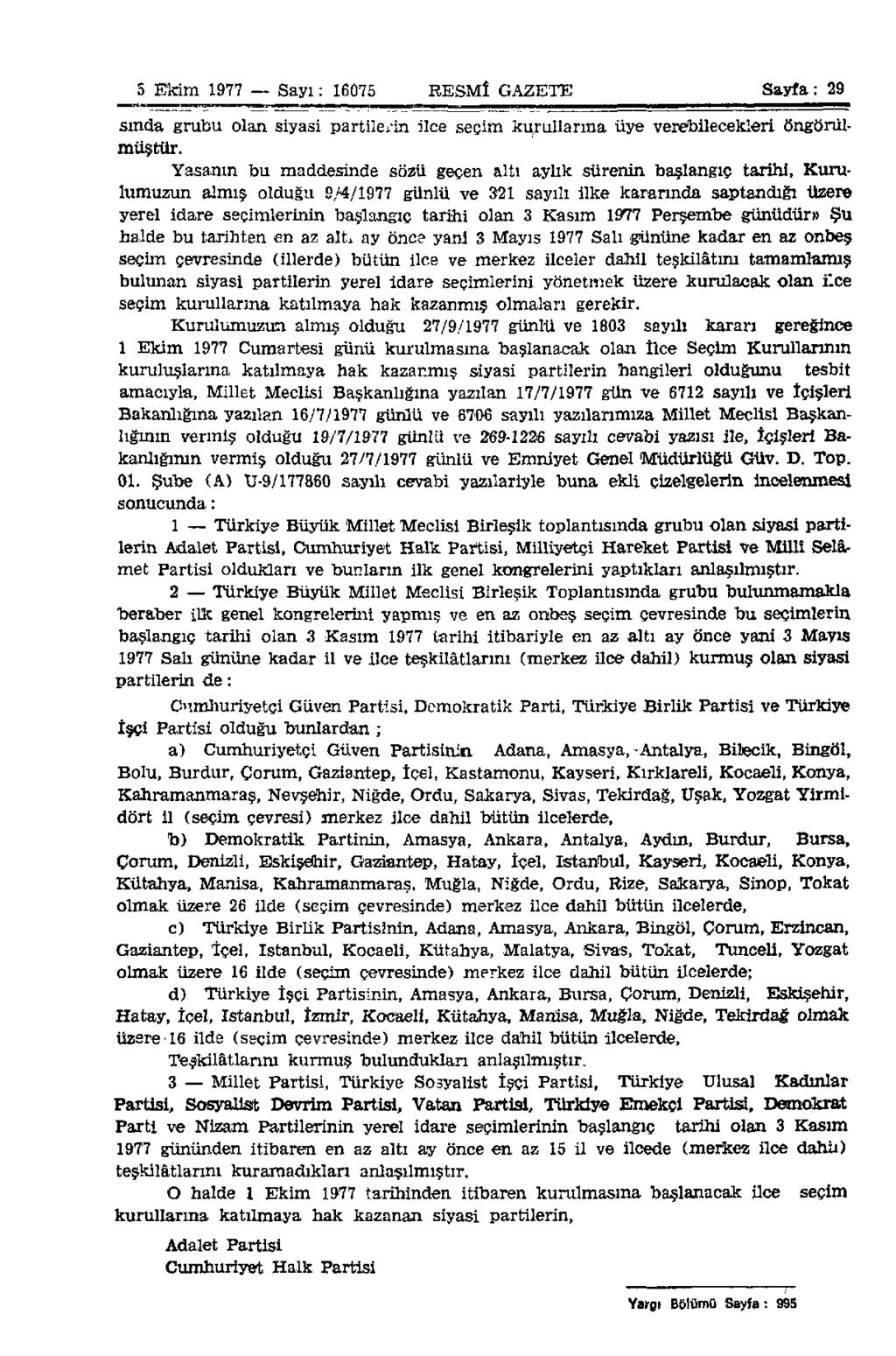 5 Ekim 1977 Sayı: 16075 RESMÎ GAZETE Sayfa: 29 sında grubu olan siyasi partilerin ilce seçim kurullarına üye verebilecekleri öngörülmüştür.