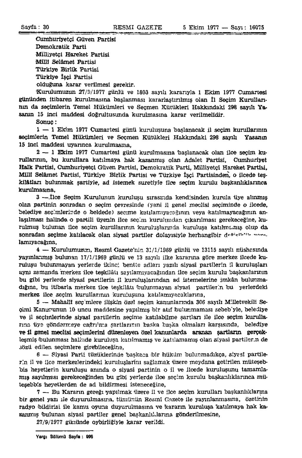 Sayfa: 30 RESMİ GAZETE 5 Ekim 1977 Sayı: 16075 Cumhuriyetçi Güven Partisi Demokratik Parti Milliyetçi Hareket Partisi Millî Selâmet Partisi Türkiye Birlik Partisi Türkiye İşçi Partisi olduğuna karar