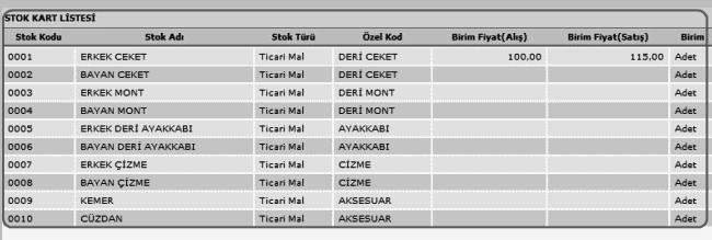 Resim 4.2: Stok Kart Listesi Örneği Stok kartı açılan stok unsuruna ait farklı tarihlerde alış ve satış işlemleri yapılacaktır.