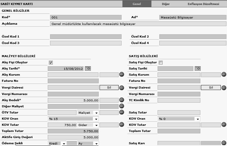 Resim 4.3: Bir Maddi Duran Varlık Kartı Örneği Yukarıdaki Resim 4.3 te bir maliyeti 5.000 olan masaüstü bilgisayara yönelik açılmış olan maddi duran varlık kartı görülmektedir.