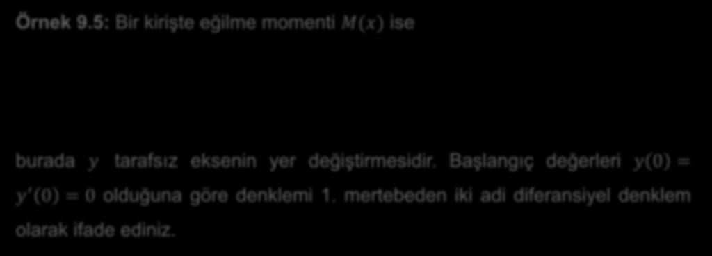 Örnek 9.5: Bir kirişte eğilme momenti M(x) ise EI y 1 + y 3 = M(x) burada y tarafsız eksenin yer değiştirmesidir.