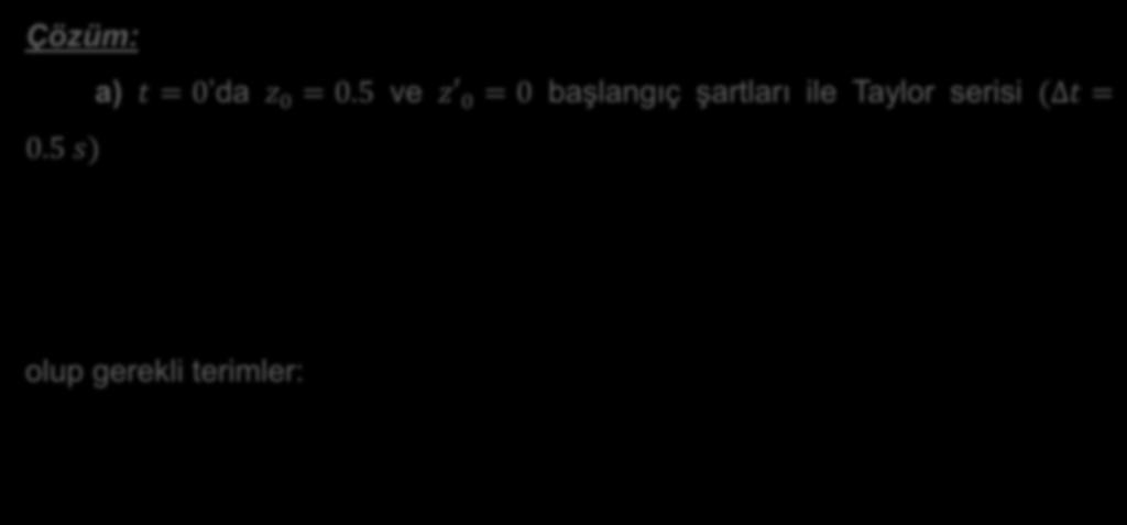 c) Merkezi fark türev formüllerinden yararlanarak t = 0.5 s de z ve z türevlerini hesaplayınız. Çözüm: 0.5 s) a) t = 0 da z 0 = 0.