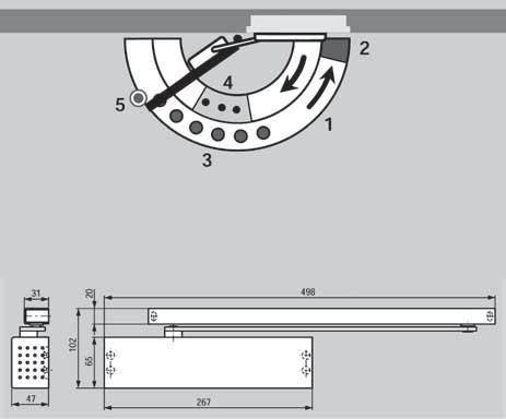 Standart kapılar 950 mm Sağ ve sol kapılar için tel model Kol şekli (kayar kol) Tokatlama hareketini valf ile ayarlama Yangın ve duman kapıları Mekanik