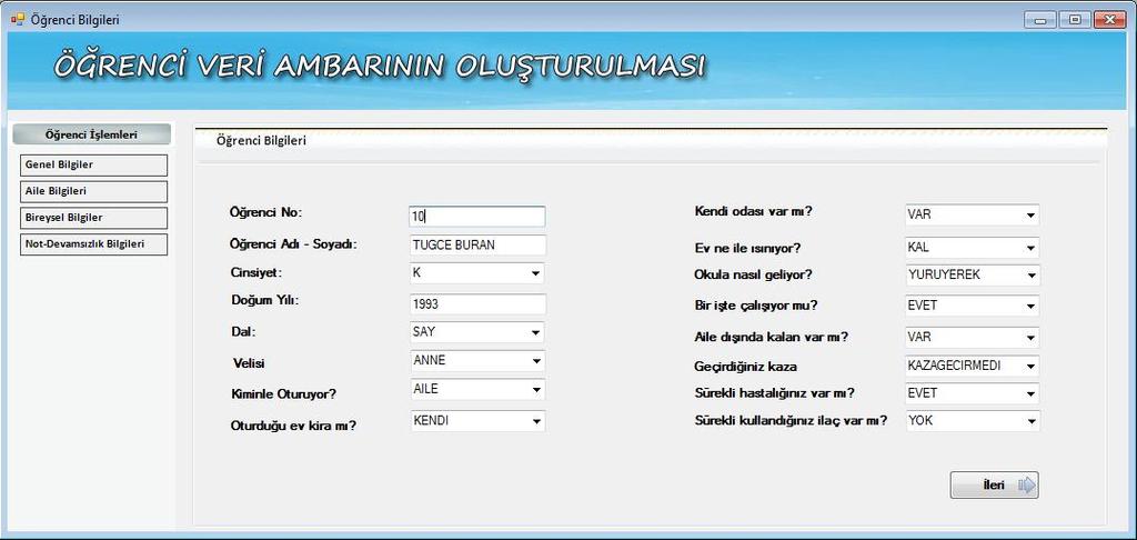 Yazılımda, verilerin girildiği, grafiksel olarak gösterildiği, verilerin listelendiği, sınavda başarı durumlarının tahmininin yapıldığı formlar ile bu formların hepsine ulaşım sağlayan bir ana form