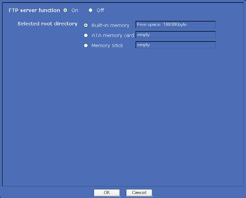 Görüntülerin Kameradan İndirilmesi FTP server Menüsü OK/Cancel Sayfa 30 daki Her menü için ortak butonlar bölümüne bakın. Administrator menüsündeki a tıkladığınızda, FTP server menüsü görünür.